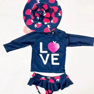 Dolphin Love Baby Swimsuit Rashguard Strawberry Love 6 Months Hat UPF 50